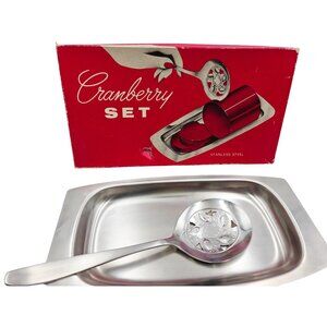 Vintage Cranberry Serving Set Leonard Stainless Steel Spoon & Tray in Box